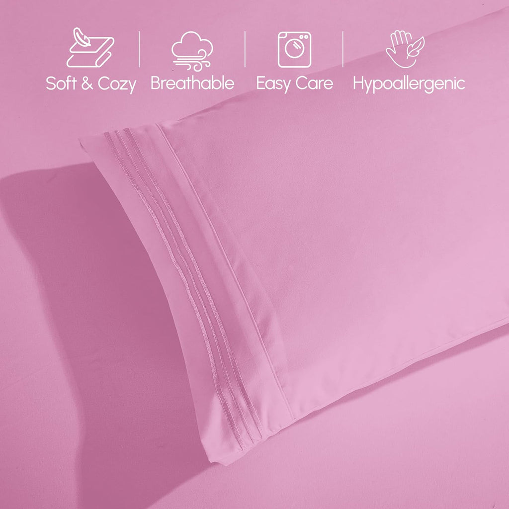 Elegant Comfort Luxurious 1500 Premium Hotel Quality Microfiber Three Line Embroidered Softest 4-Piece Bed Sheet Set, Wrinkle and Fade Resistant, Queen, Light Pink