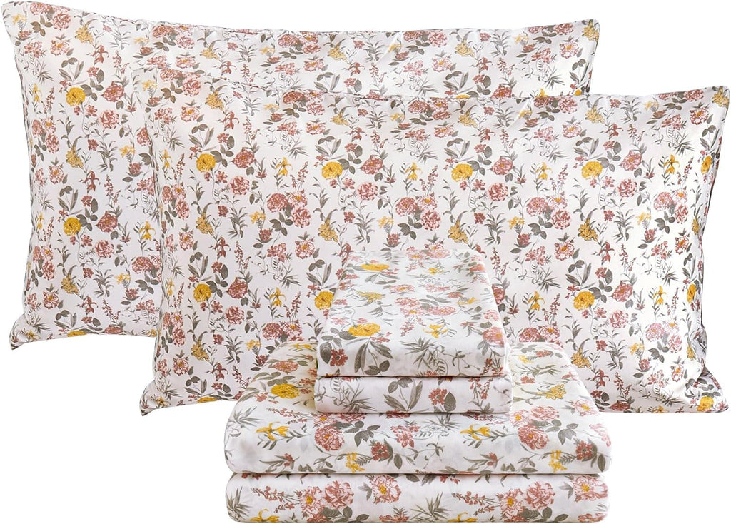 Viviland Floral Twin Sheet Set - 3 Piece Vintage Pink & Yellow Flower Patterned Bed Sheets - Soft, Breathable Microfiber Sheets with Deep Pocket, Non-Slip Fitted Sheets & Pillowcases