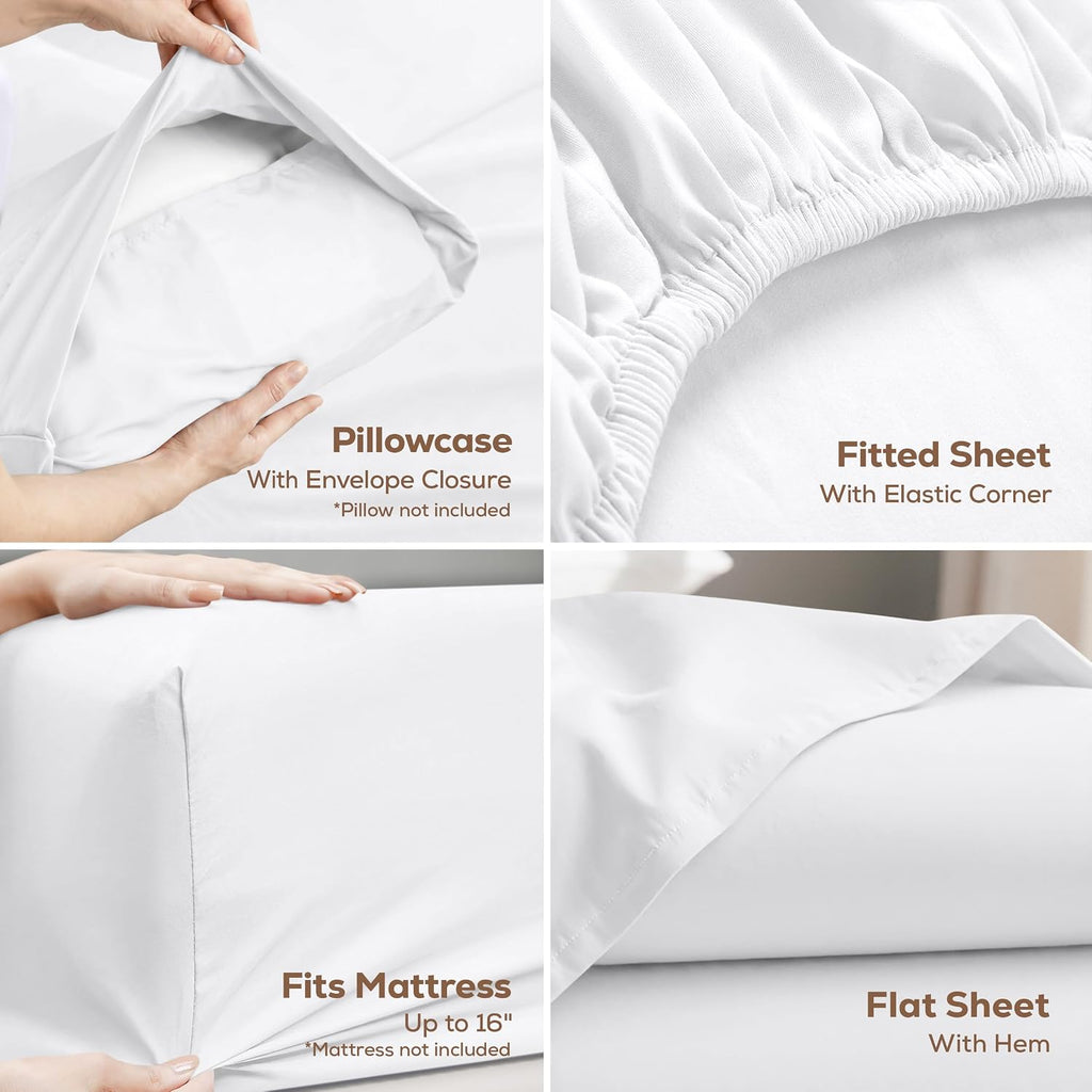 Queen Sheets Set, 4 Pieces 16" Deep Pocket Hotel Luxury Bed Sheets, White