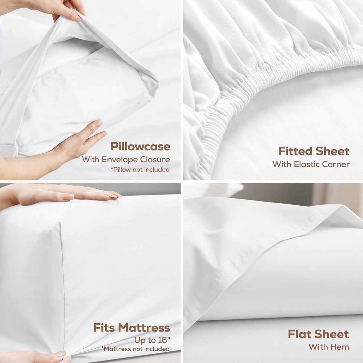 Queen Sheets Set, 4 Pieces 16" Deep Pocket Hotel Luxury Bed Sheets, White