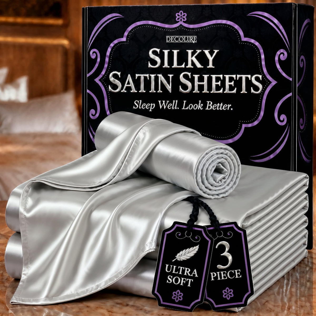 DECOLURE Satin Sheets Queen Size | Softer Than Silk | Luxury 4 Pc Bed Set