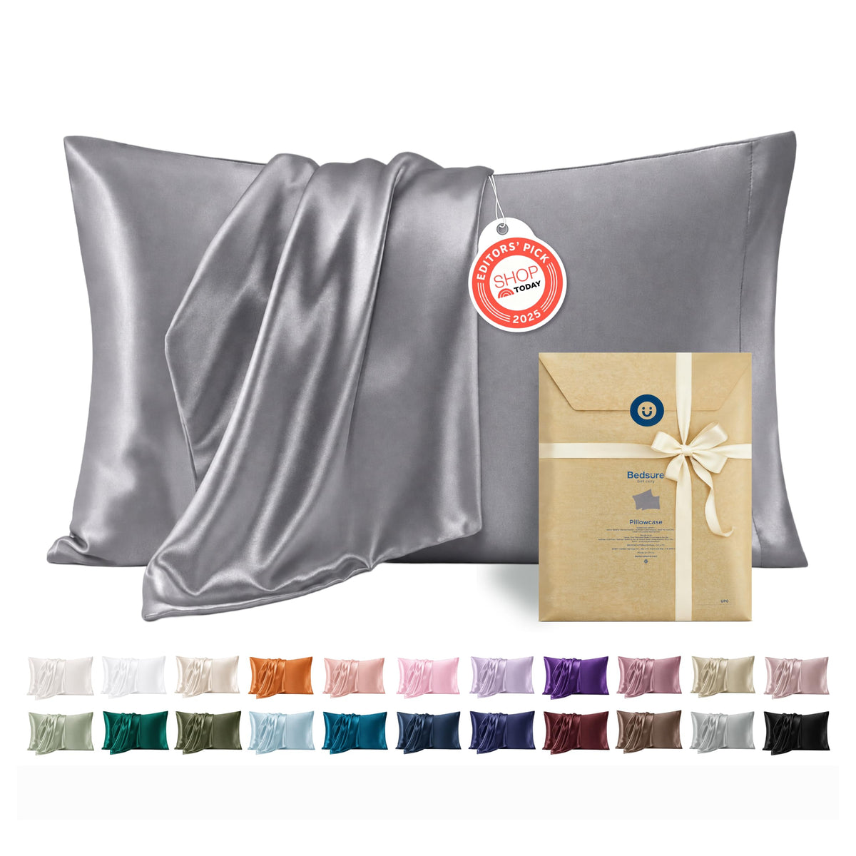 Bedsure Satin Pillowcases Queen Set of 2, Similar to Silk Pillow Cases Grey