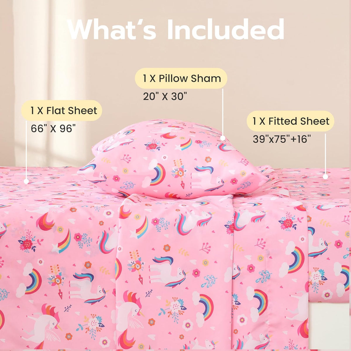 Joiedomi Kids Twin Sheet Set Unicorn - 3 Piece Soft Microfiber Bed Sheets - Deep Pocket Wrinkle Free, Cozy Toddler Bedding Set, Fade Resistant Breathable for Boys Girls Teens