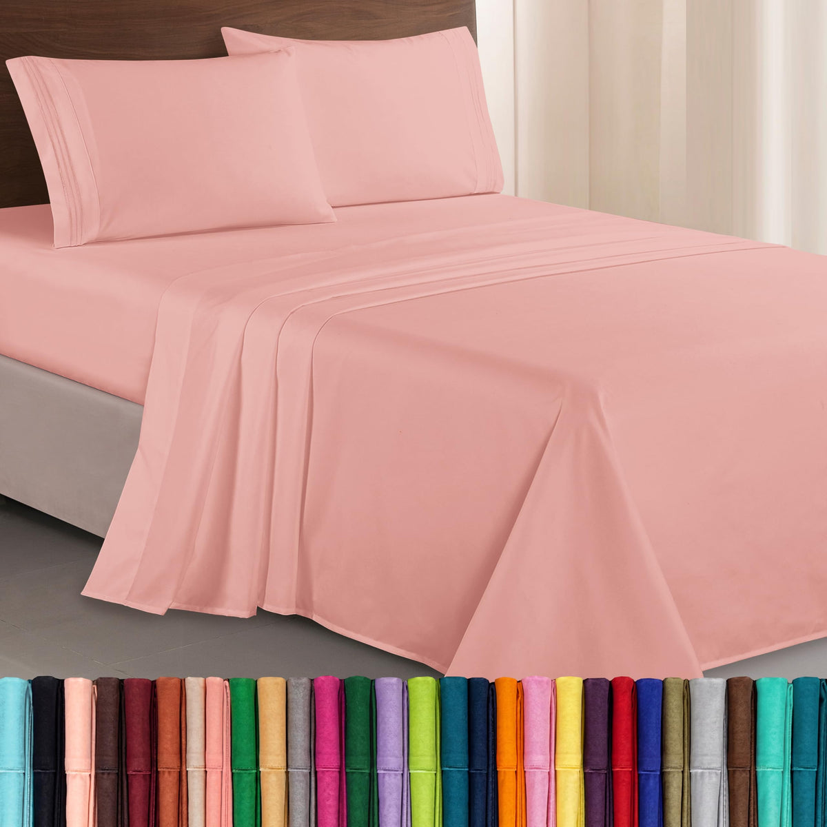 Elegant Comfort Luxurious 1500 Premium Hotel Quality Microfiber Three Line Embroidered Softest 4-Piece Bed Sheet Set, Wrinkle and Fade Resistant, Queen, Light Pink