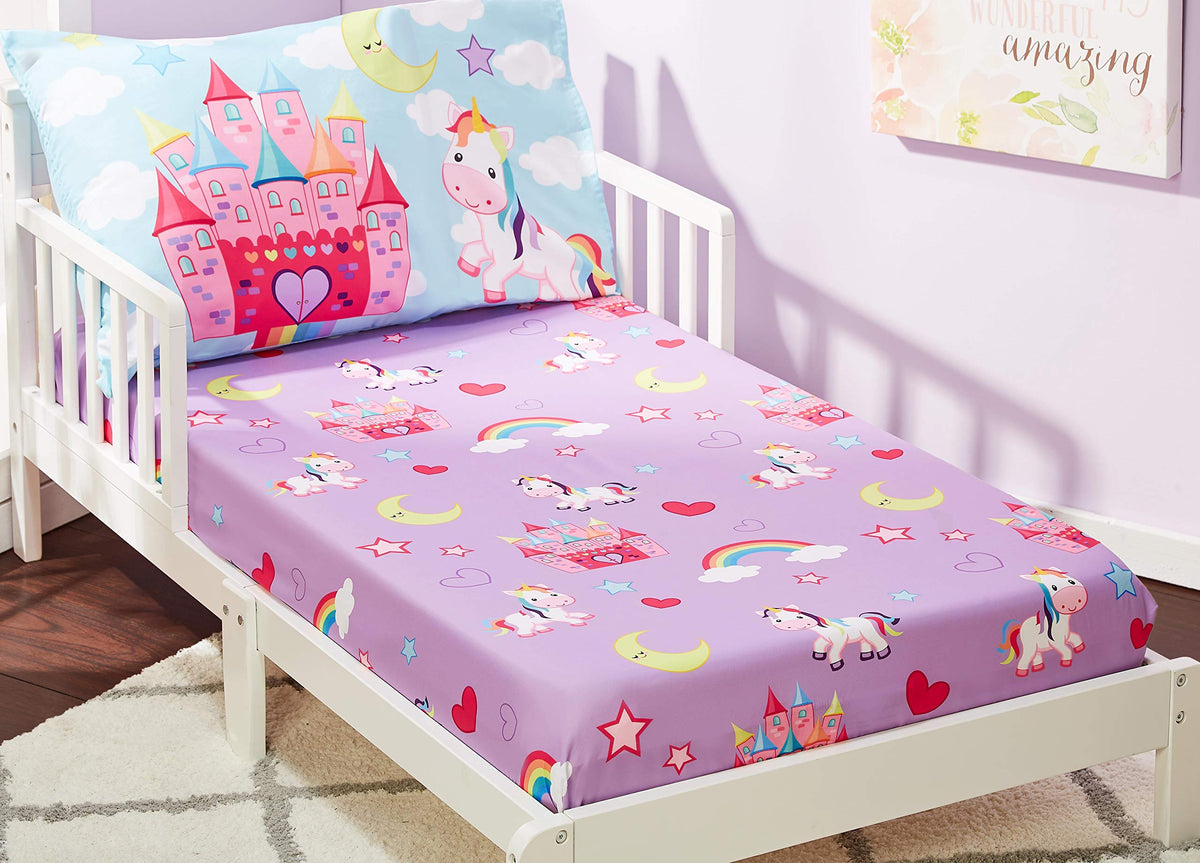 Everyday Kids Toddler Fitted Sheet and Pillowcase Set -Princess Storyland- Soft Breathable Microfiber Toddler Sheet Set