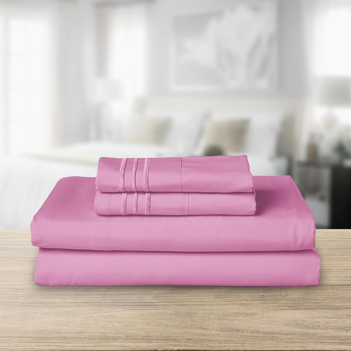 Elegant Comfort Luxurious 1500 Premium Hotel Quality Microfiber Three Line Embroidered Softest 4-Piece Bed Sheet Set, Wrinkle and Fade Resistant, Queen, Light Pink