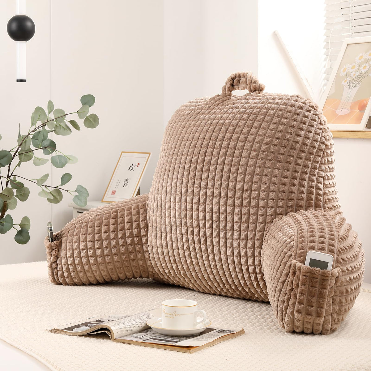 Reading Pillow for Sitting in Bed with Arm,White Corduroy, M