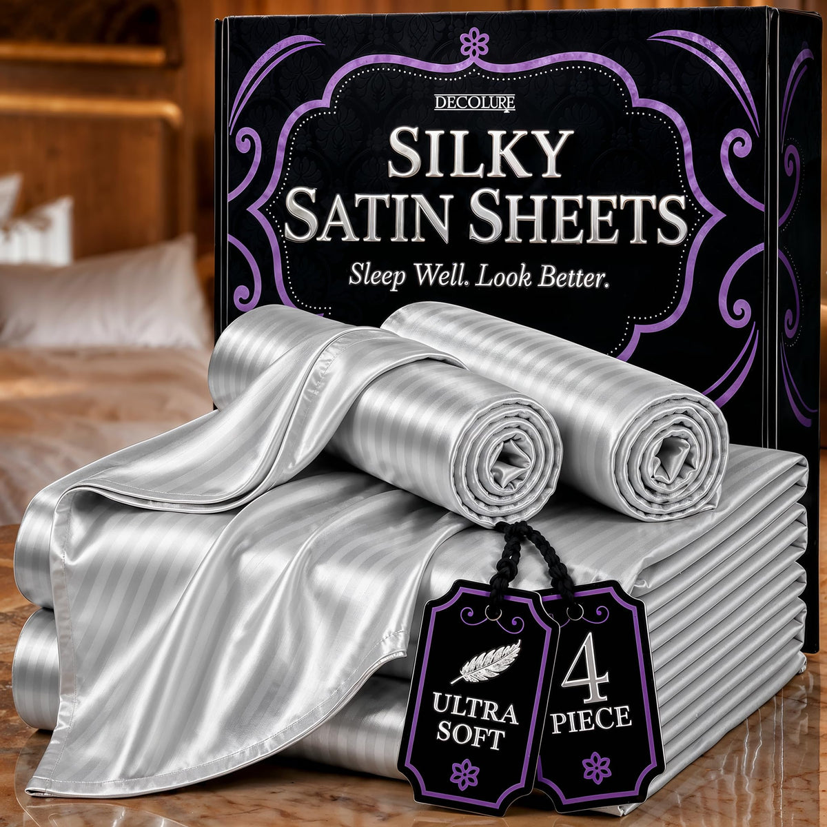 DECOLURE Satin Sheets Queen Size | Softer Than Silk | Luxury 4 Pc Bed Set