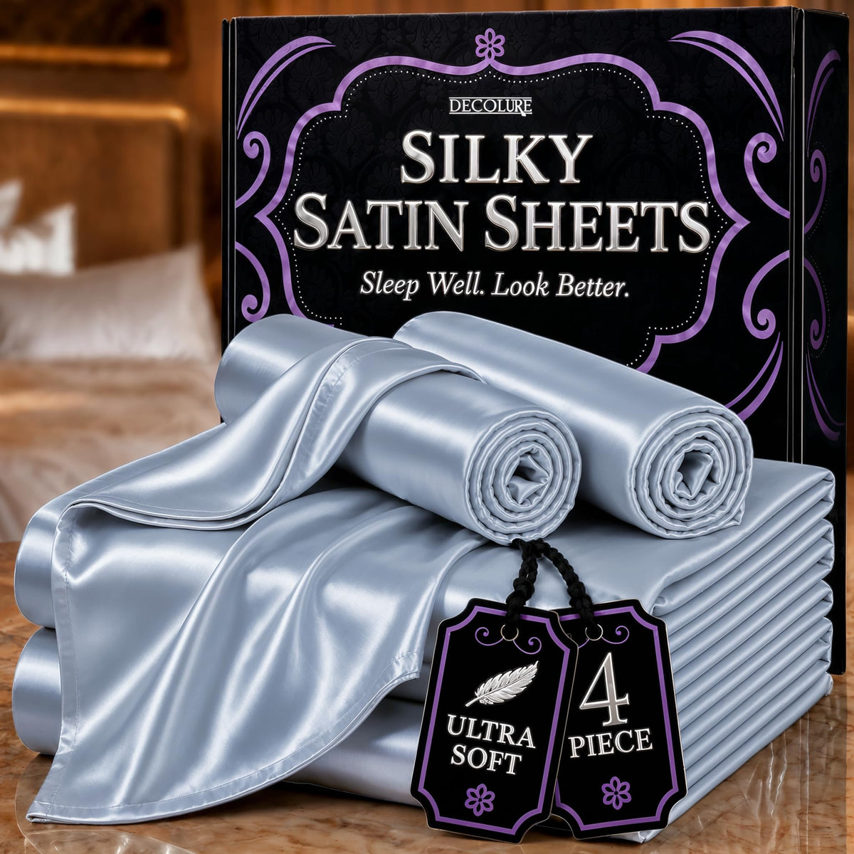 DECOLURE Satin Sheets Queen Size | Softer Than Silk | Luxury 4 Pc Bed Set