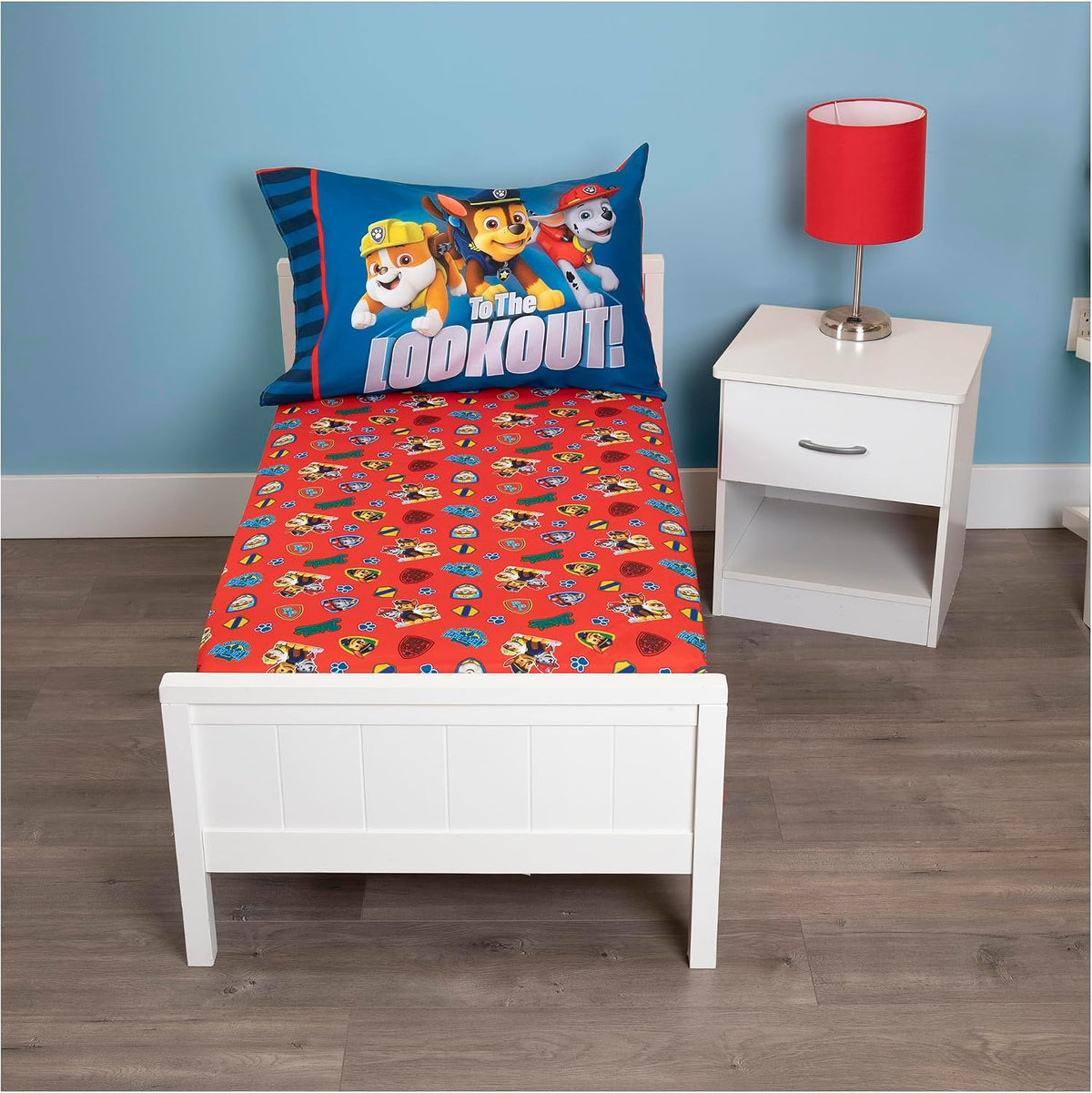 Paw Patrol Sheet Set - Fits Toddler Bed or Crib Mattress - Fitted Sheet and Reversible Pillowcase, Red