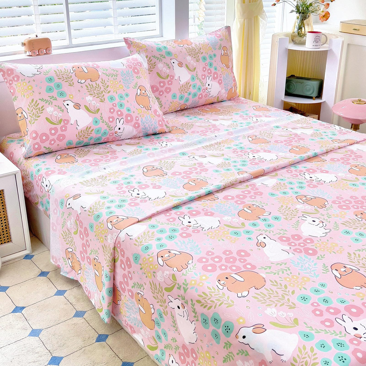 Full Sheet Set Kids - Pink Check 4 Pieces Soft Microfiber Cartoon Style Bedsheets for Boys Girls Teens, Oeko TEX Breathable 15 Inch Deep Pocket Sheets(Pink Bow)