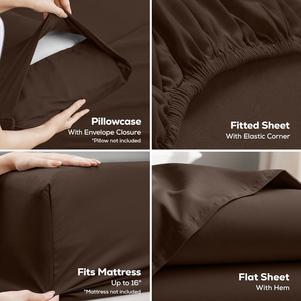 Queen Sheets Set, 4 Pieces 16" Deep Pocket Hotel Luxury Bed Sheets, Brown