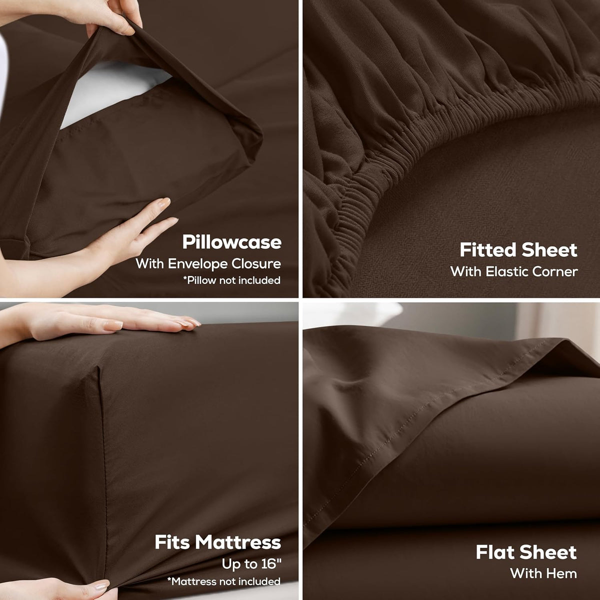 Queen Sheets Set, 4 Pieces 16" Deep Pocket Hotel Luxury Bed Sheets, Brown