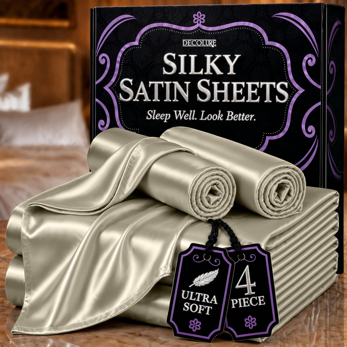 DECOLURE Satin Sheets Queen Size | Softer Than Silk | Luxury 4 Pc Bed Set