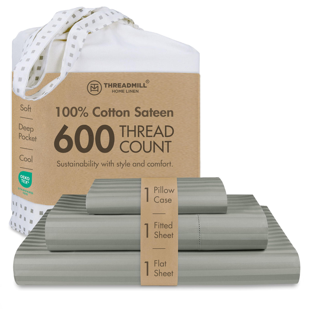 Threadmill 600 Thread Count Cotton Queen Sheet Set, Sateen, Dark Grey
