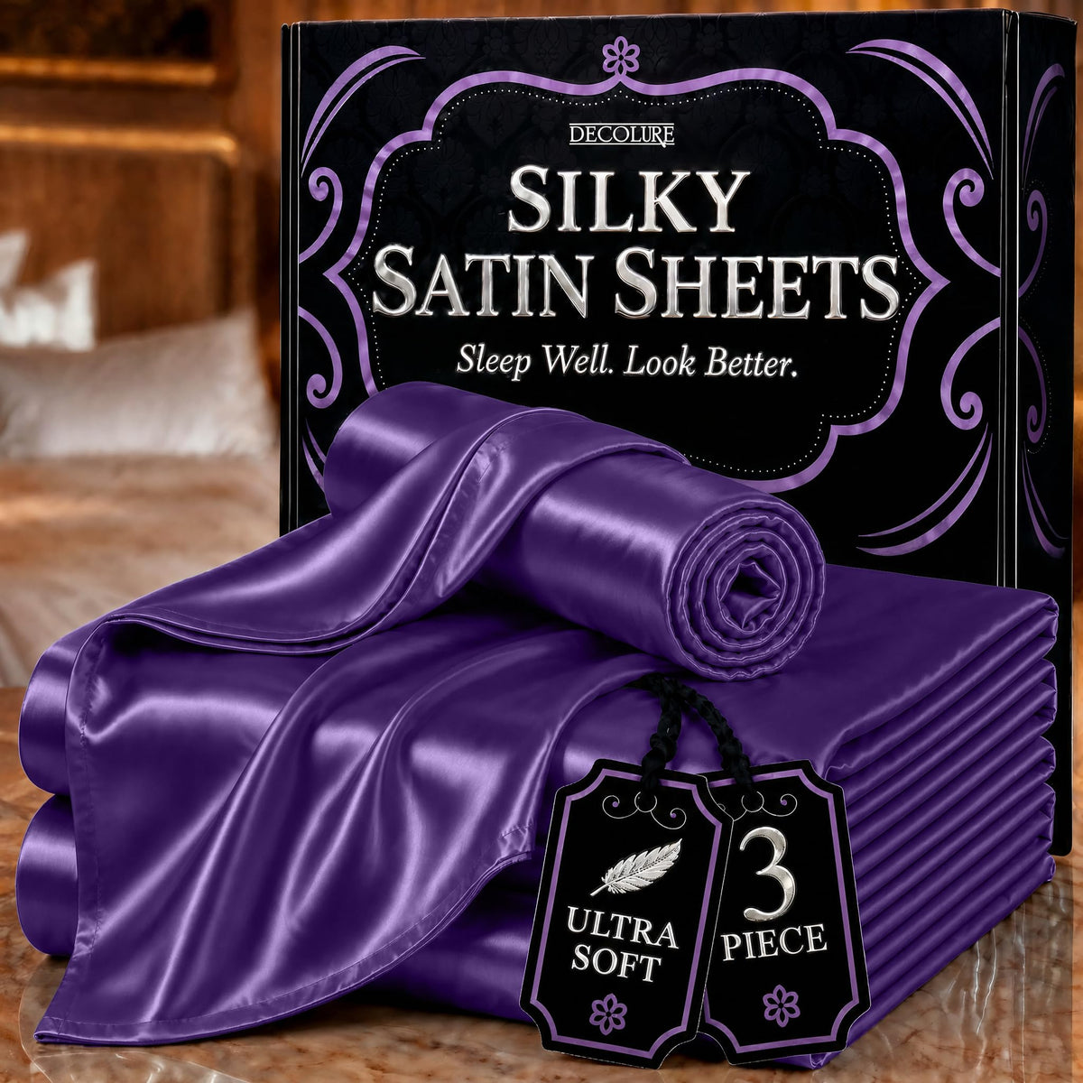 DECOLURE Satin Sheets Queen Size | Softer Than Silk | Luxury 4 Pc Bed Set