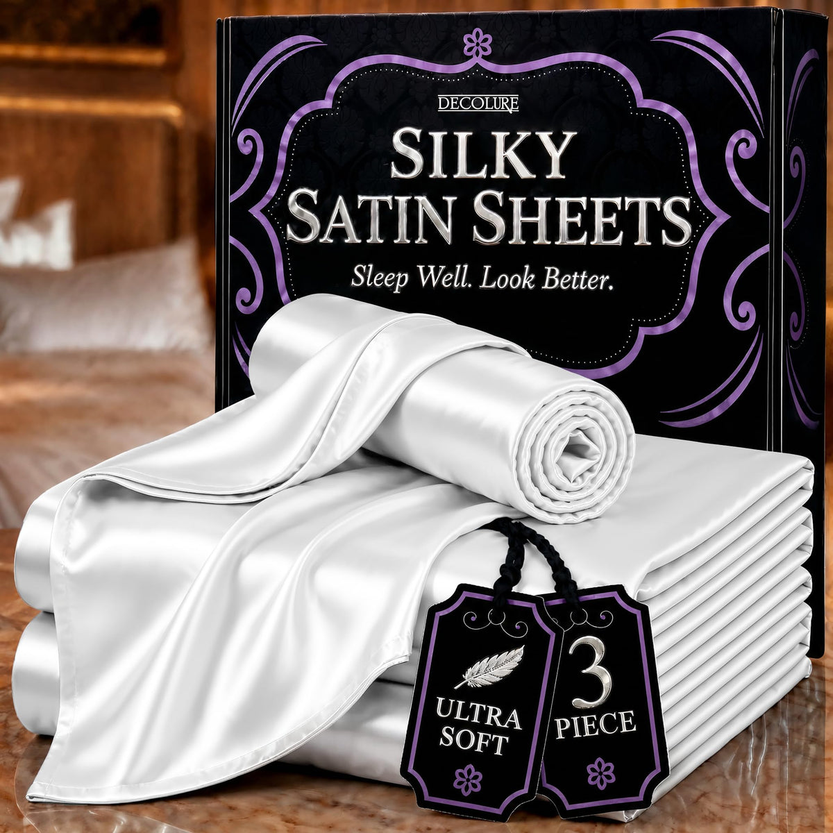 DECOLURE Satin Sheets Queen Size | Softer Than Silk | Luxury 4 Pc Bed Set
