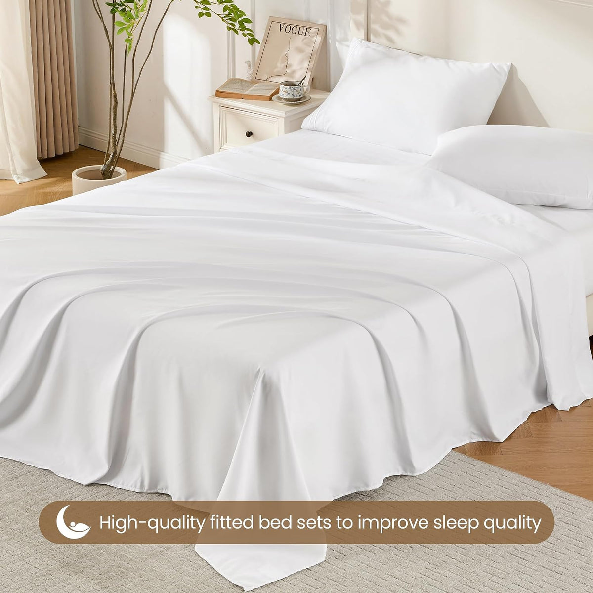 ROSE&RISY White Queen Sheet Set, 4 Pieces Soft Bedding Queen Sheet Set, Breathable and Cooling Sheets, Deep Pocket with 1 Fitted, 1 Flat, 2 Pillow Cases (White, Queen Size)
