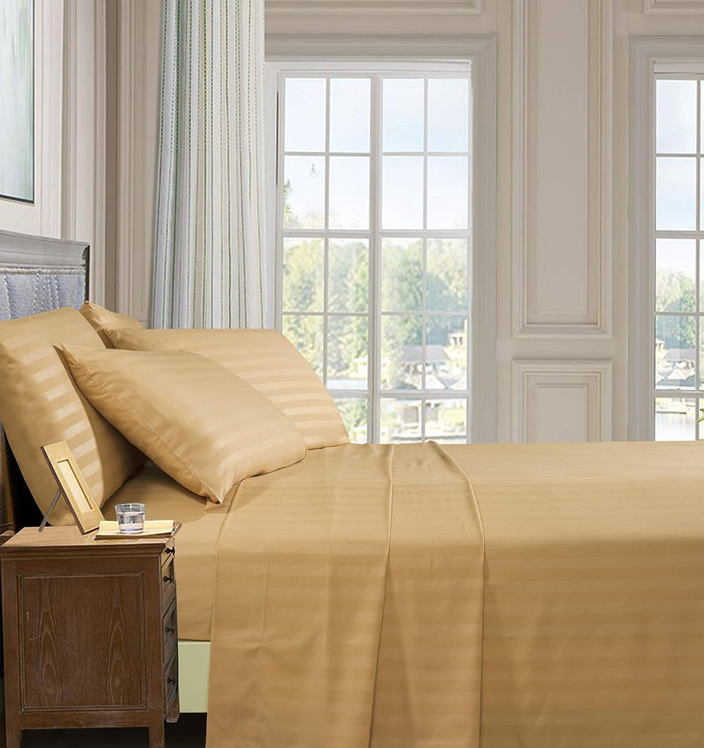 Elegant Comfort Softest and Coziest 6-Piece Sheet Set - 1500 Thread Count Egyptian Quality Luxurious Wrinkle Resistant 6-Piece Damask Stripe Bed Sheet Set, Queen, Camel/Gold