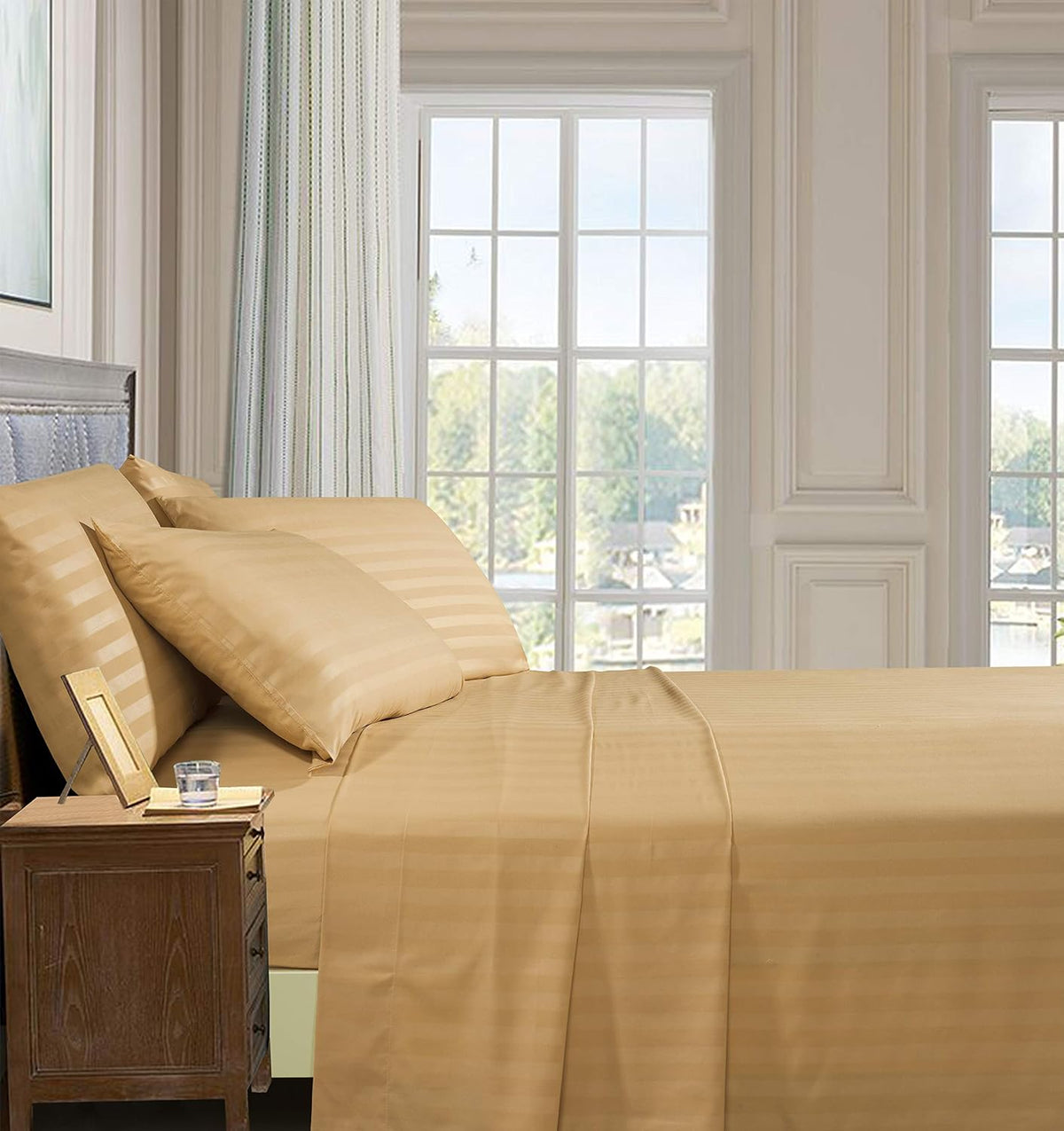 Elegant Comfort Softest and Coziest 6-Piece Sheet Set - 1500 Thread Count Egyptian Quality Luxurious Wrinkle Resistant 6-Piece Damask Stripe Bed Sheet Set, Queen, Camel/Gold