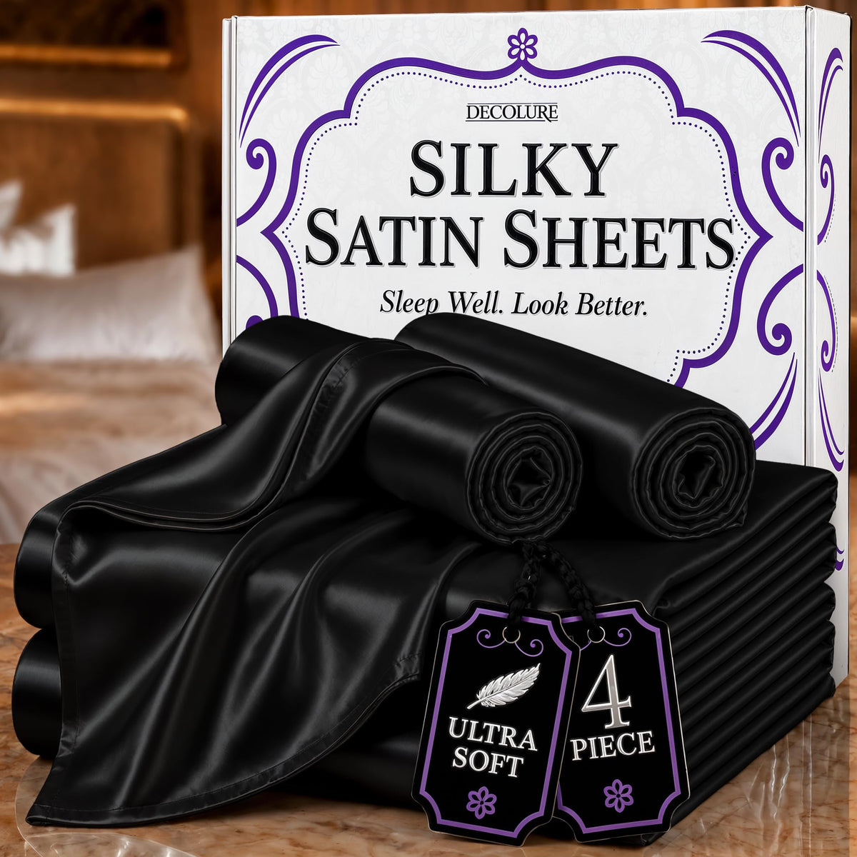 DECOLURE Satin Sheets Queen Size | Softer Than Silk | Luxury 4 Pc Bed Set