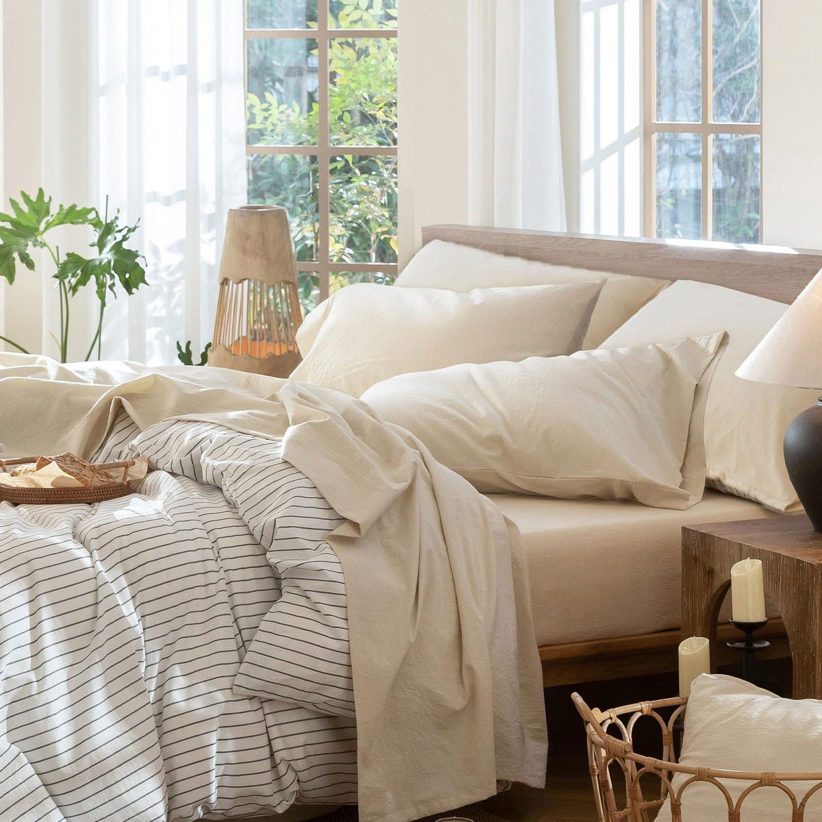MooMee Sheet Set 100% Washed Cotton Lived-in Extra Deep Pocket King