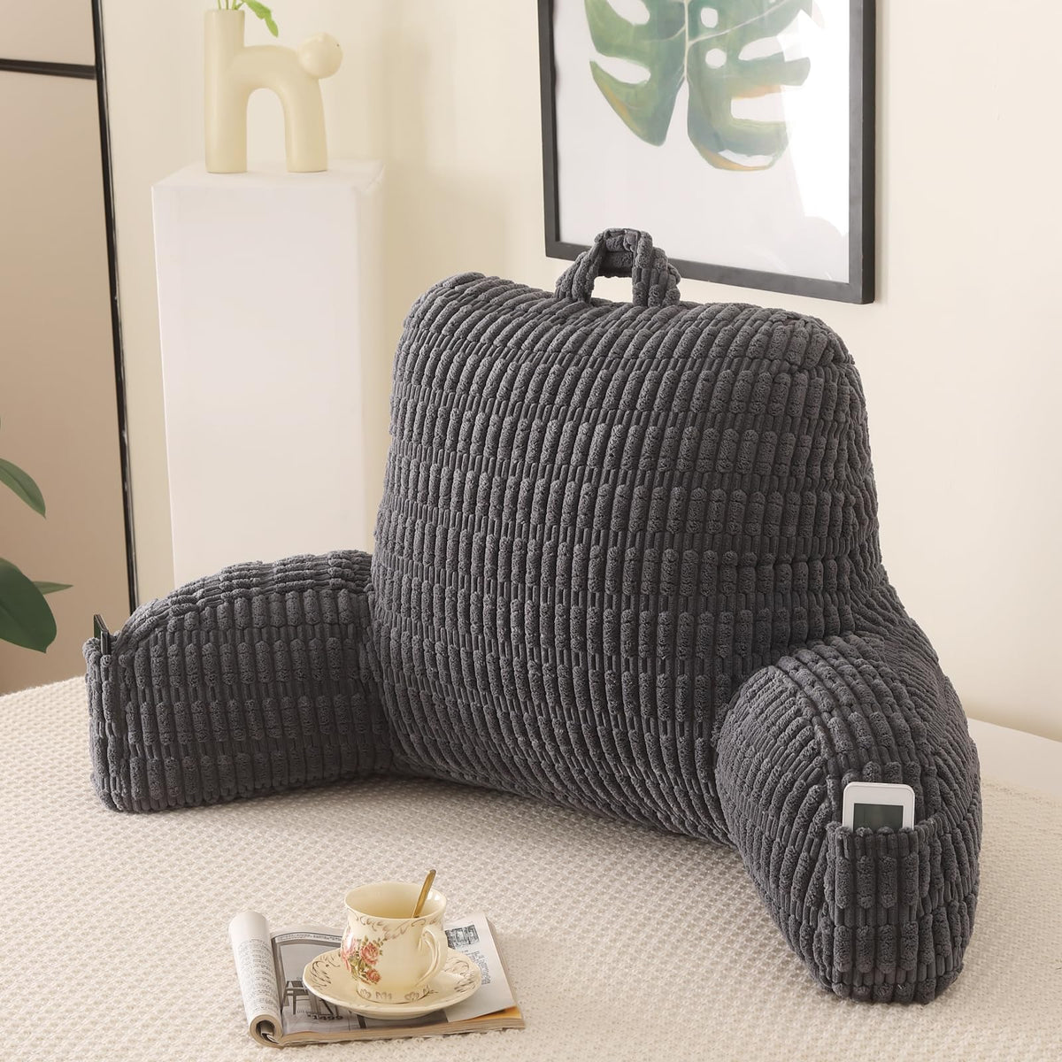 Reading Pillow for Sitting in Bed with Arm,White Corduroy, M