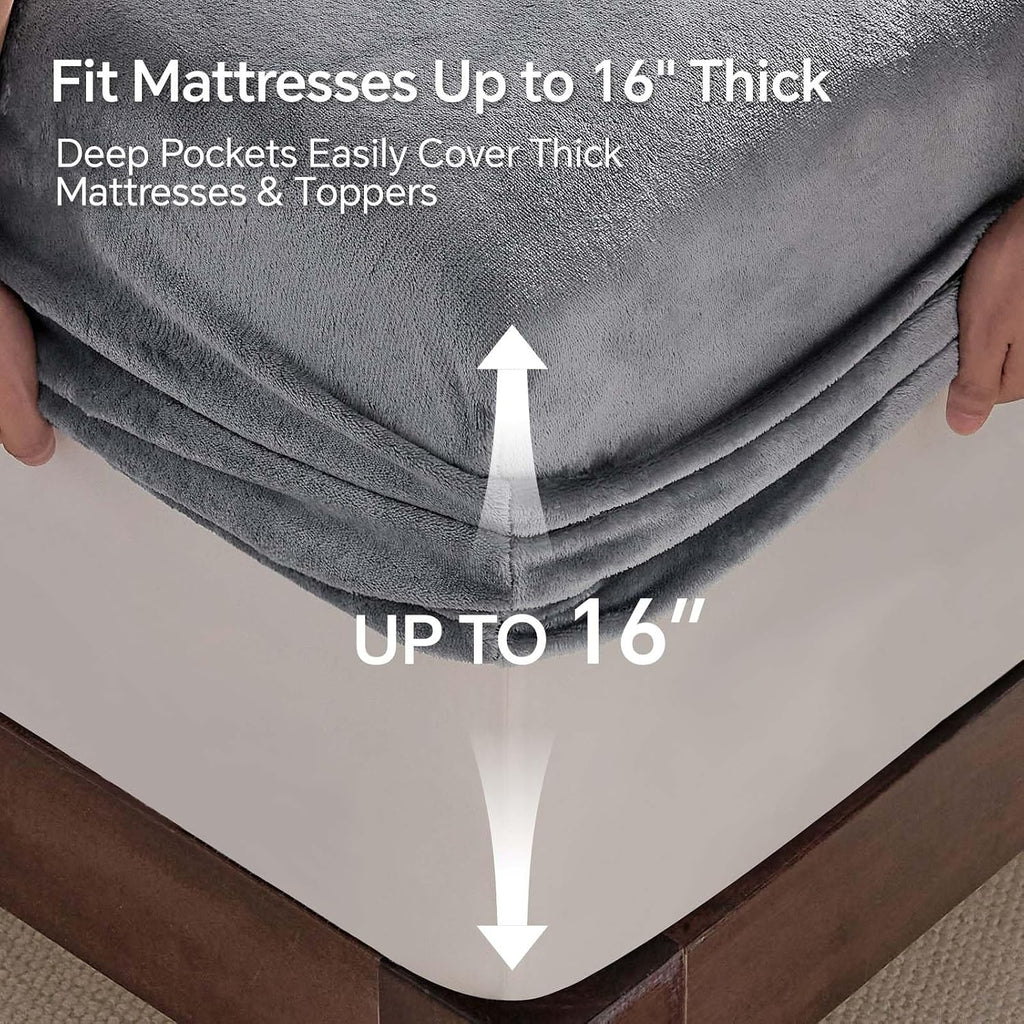 BEDELITE Fleece Queen Fitted Sheet & Pillowcases Set, Grey, 3 Pieces