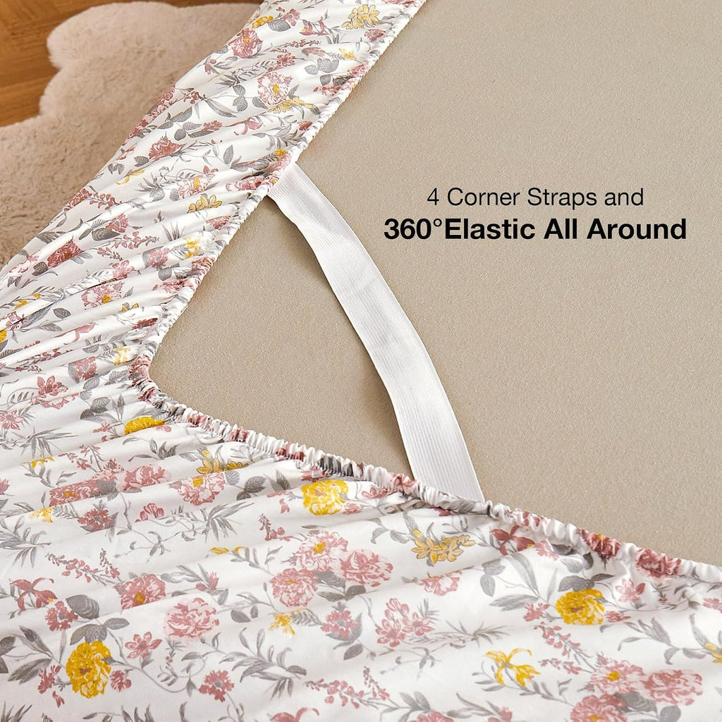 Viviland Floral Twin Sheet Set - 3 Piece Vintage Pink & Yellow Flower Patterned Bed Sheets - Soft, Breathable Microfiber Sheets with Deep Pocket, Non-Slip Fitted Sheets & Pillowcases