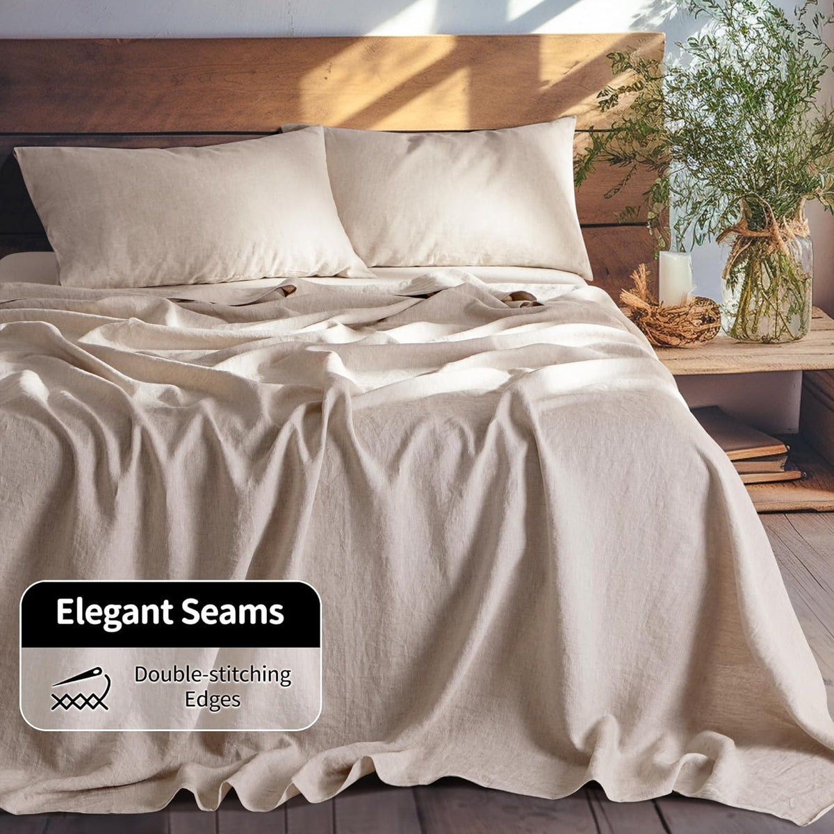 LBRO2M 100% French Pure Linen Sheet Set 4Pcs, 16" Deep Pocket Queen Size
