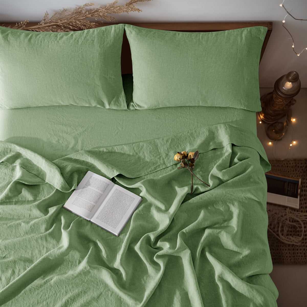LBRO2M 100% French Pure Linen Sheet Set 4Pcs, 16" Deep Pocket Queen Size