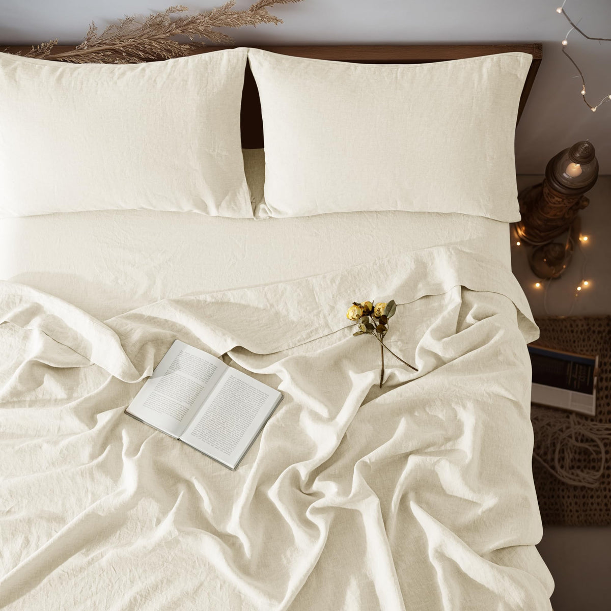 LBRO2M 100% French Pure Linen Sheet Set 4Pcs, 16" Deep Pocket Queen Size