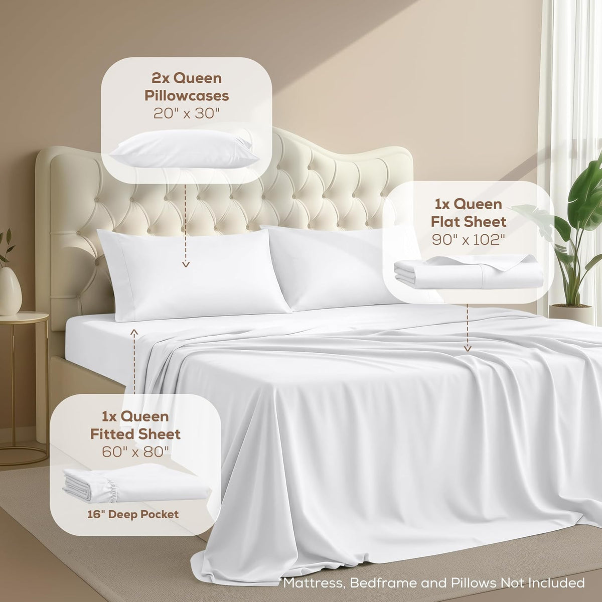 Queen Sheets Set, 4 Pieces 16" Deep Pocket Hotel Luxury Bed Sheets, White