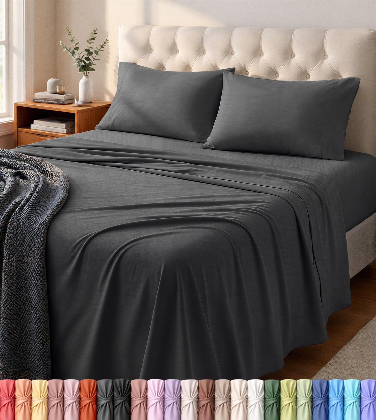 Jersey Knit Sheets 4 Piece, Cotton T-Shirt Feel, Queen, Heather Light Grey