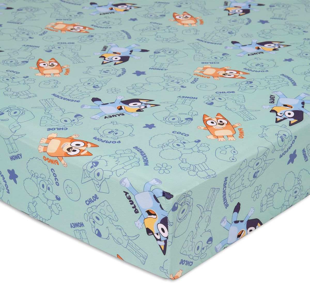 Bluey Sheet Set - Fits Toddler Bed or Crib Mattress - Fitted Sheet and Pillow Case, Green