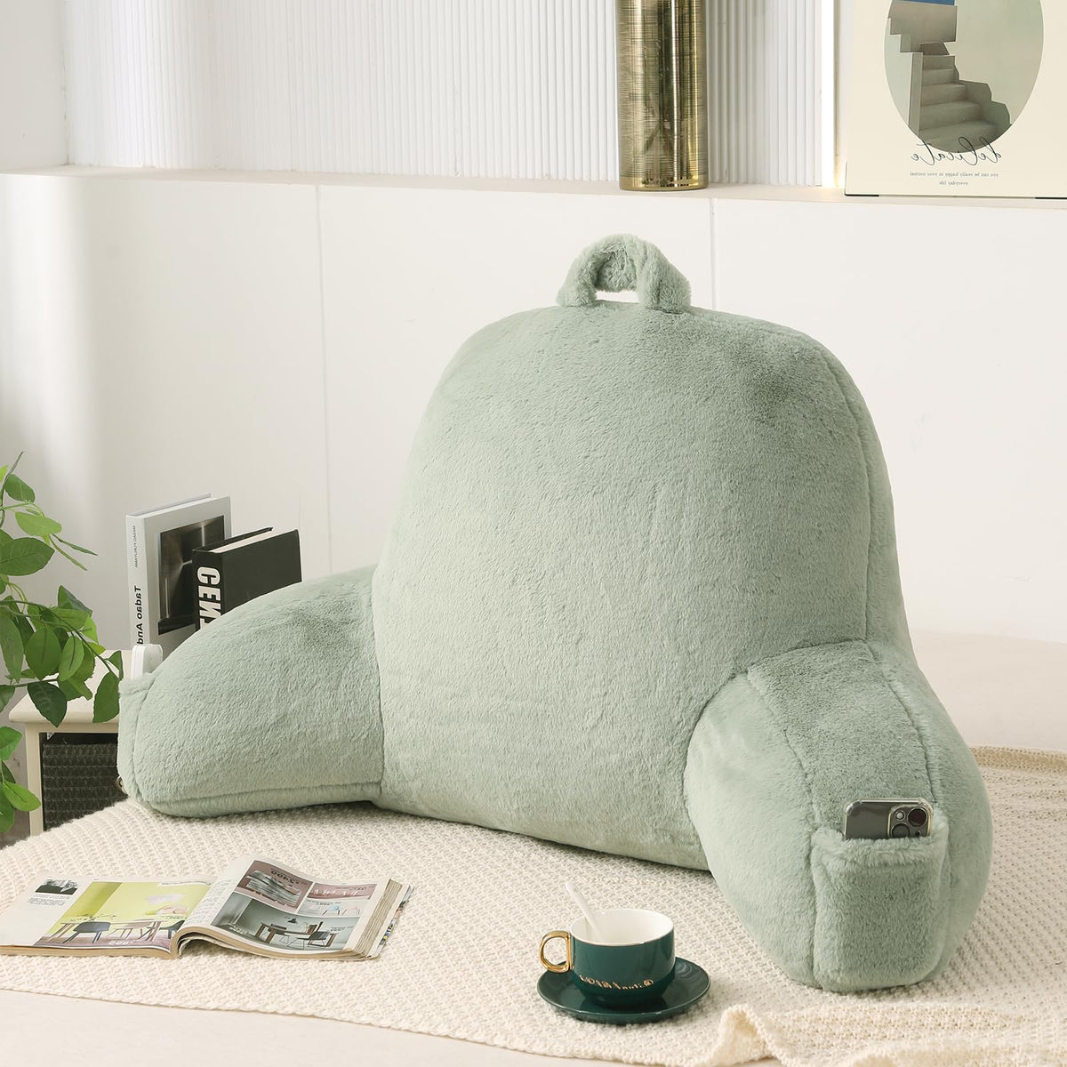Reading Pillow for Sitting in Bed with Arm,White Corduroy, M