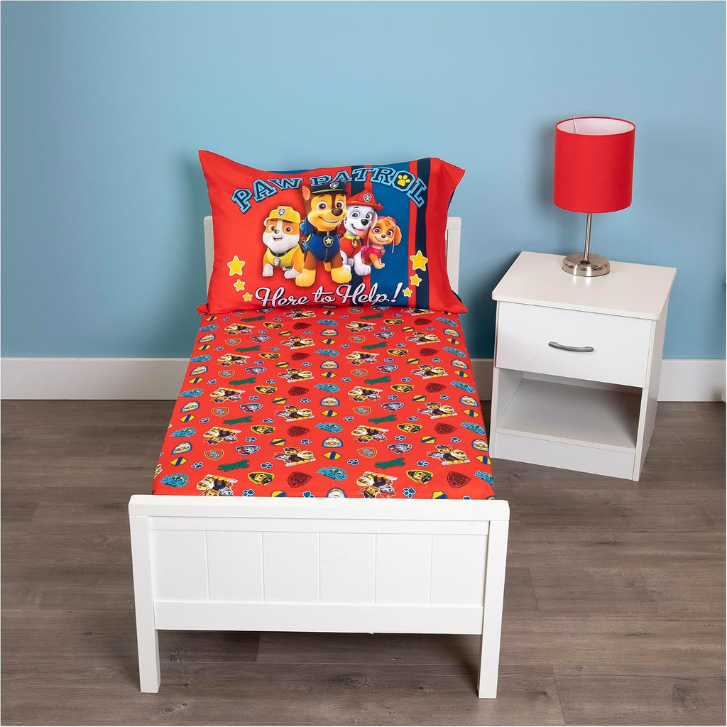 Paw Patrol Sheet Set - Fits Toddler Bed or Crib Mattress - Fitted Sheet and Reversible Pillowcase, Red