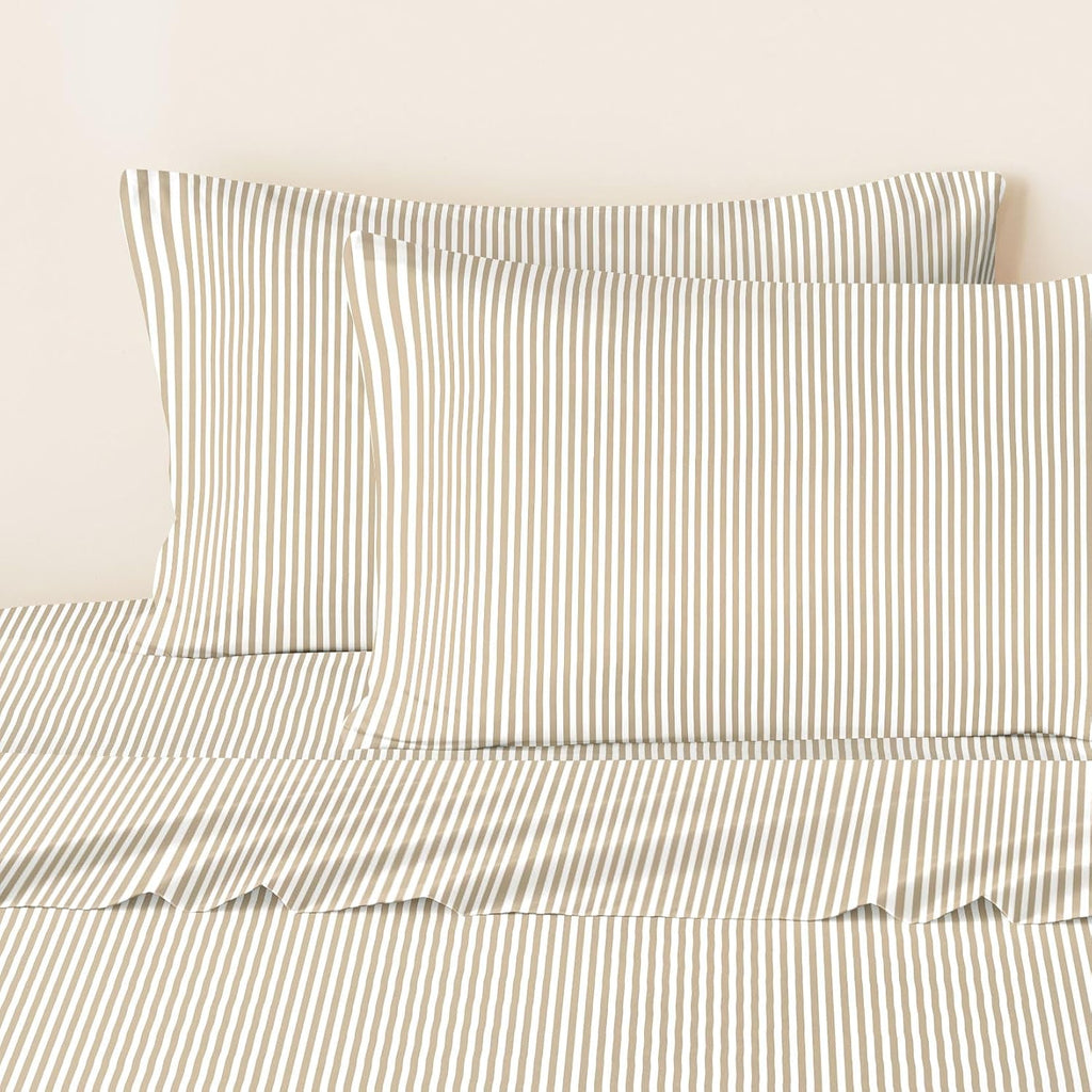 Wake In Cloud - Striped Bed Sheets, 4-Piece Sheet Set, Ticking Vertical Pin Stripe Modern Farmhouse Pattern Printed Bedding, Deep Pocket, Light Brown White, Queen Size