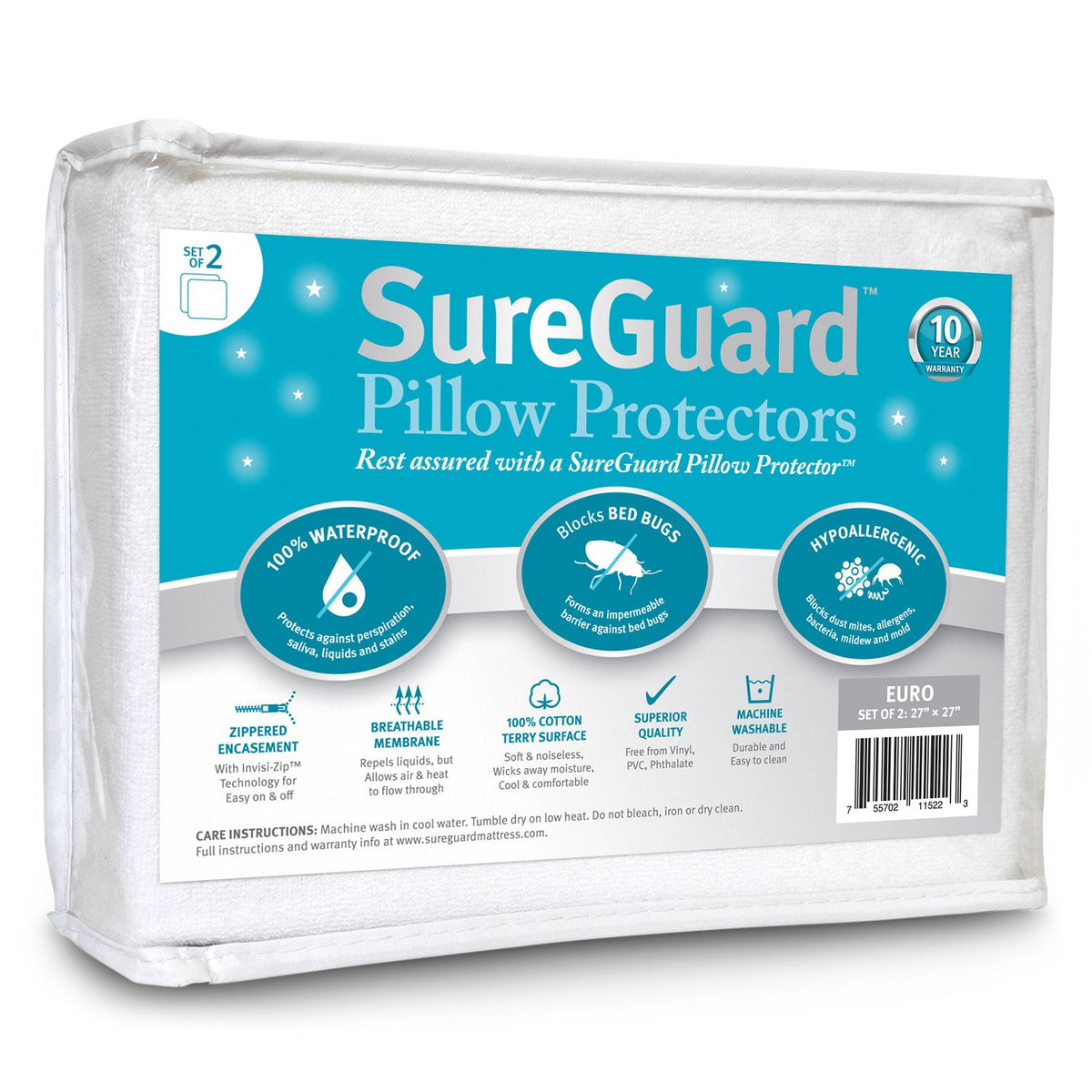 Set of 2 Standard Size SureGuard Pillow Protectors - 100% Waterproof, Bed Bug Proof, Hypoallergenic - Premium Zippered Cotton Covers - Smooth