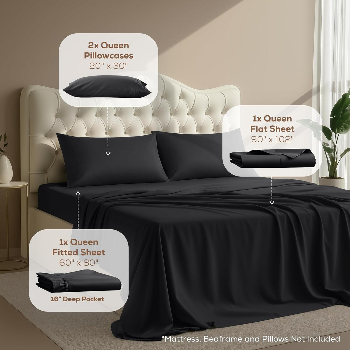 Queen Sheets Set, 4 Pieces 16" Deep Pocket Hotel Luxury Bed Sheets, Black