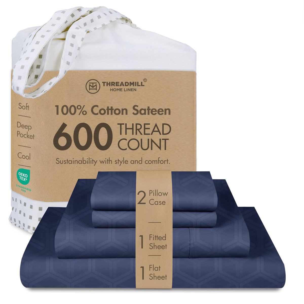 Threadmill 600 Thread Count Cotton Queen Sheet Set, Sateen, Dark Grey