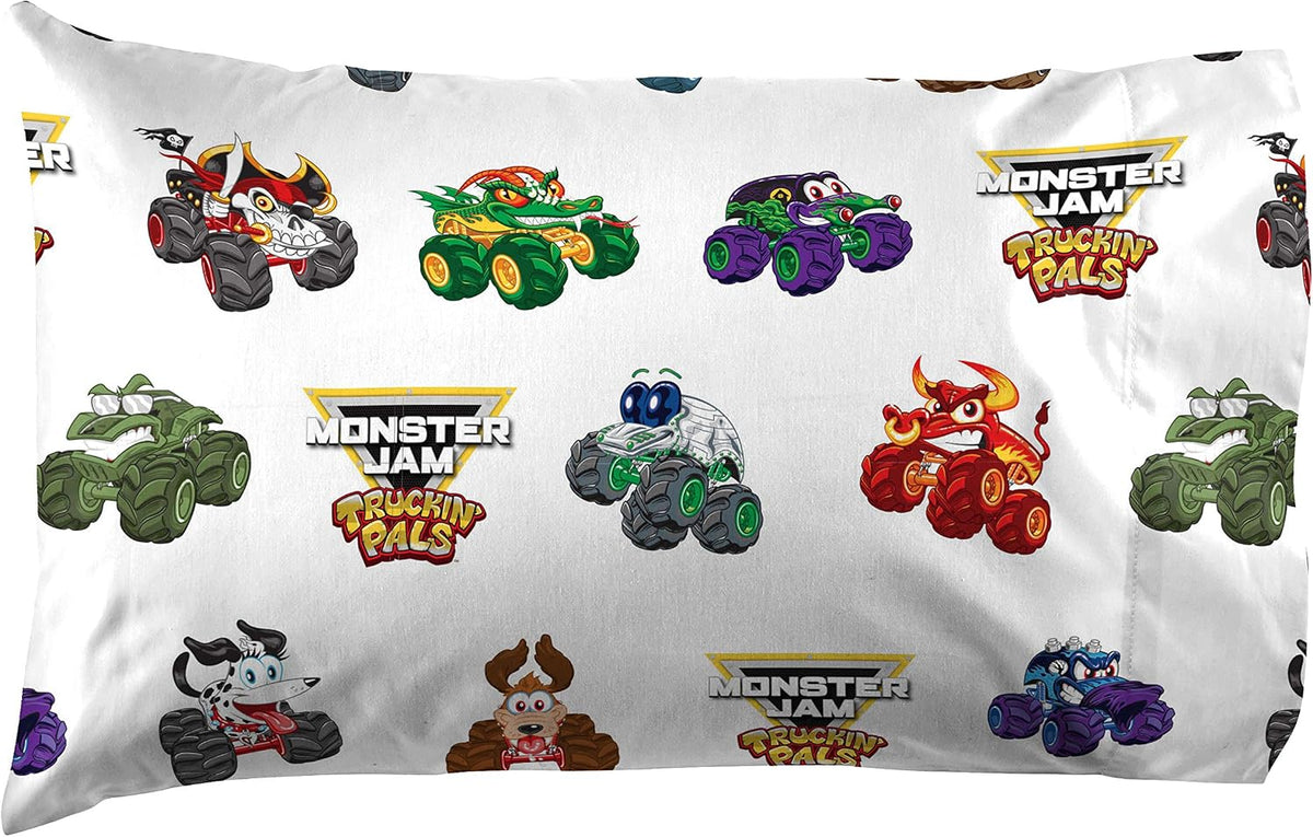 Jay Franco Kids Sheet Set with Fitted, Flat Sheets & Pillow Cover - Ultra-Soft Bedding with Pillowcase for Room Decor, White - Monster Jam, 3 Piece Toddler