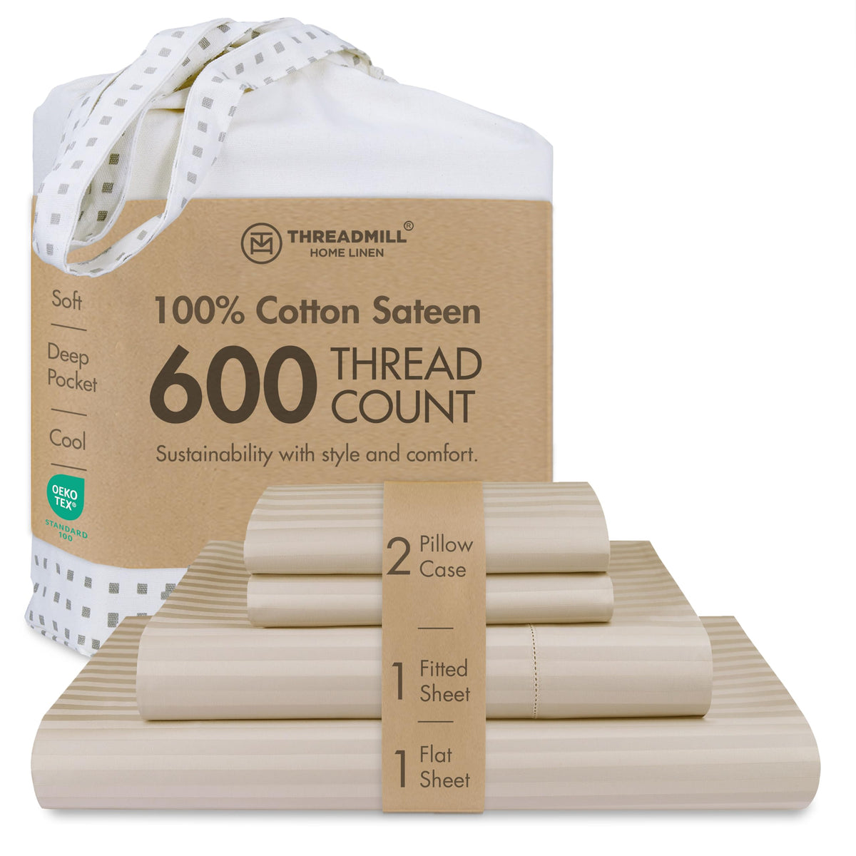 Threadmill 600 Thread Count Cotton Queen Sheet Set, Sateen, Dark Grey