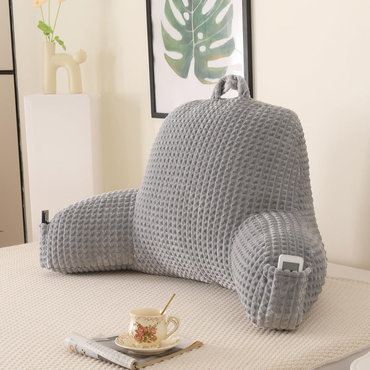 Reading Pillow for Sitting in Bed with Arm,White Corduroy, M