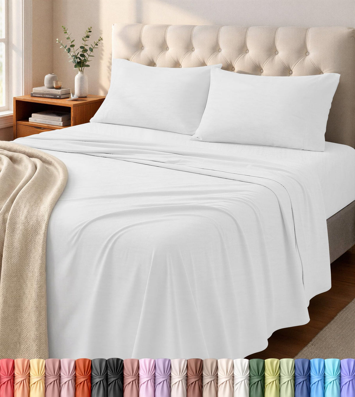 Jersey Knit Sheets 4 Piece, Cotton T-Shirt Feel, Queen, Heather Light Grey