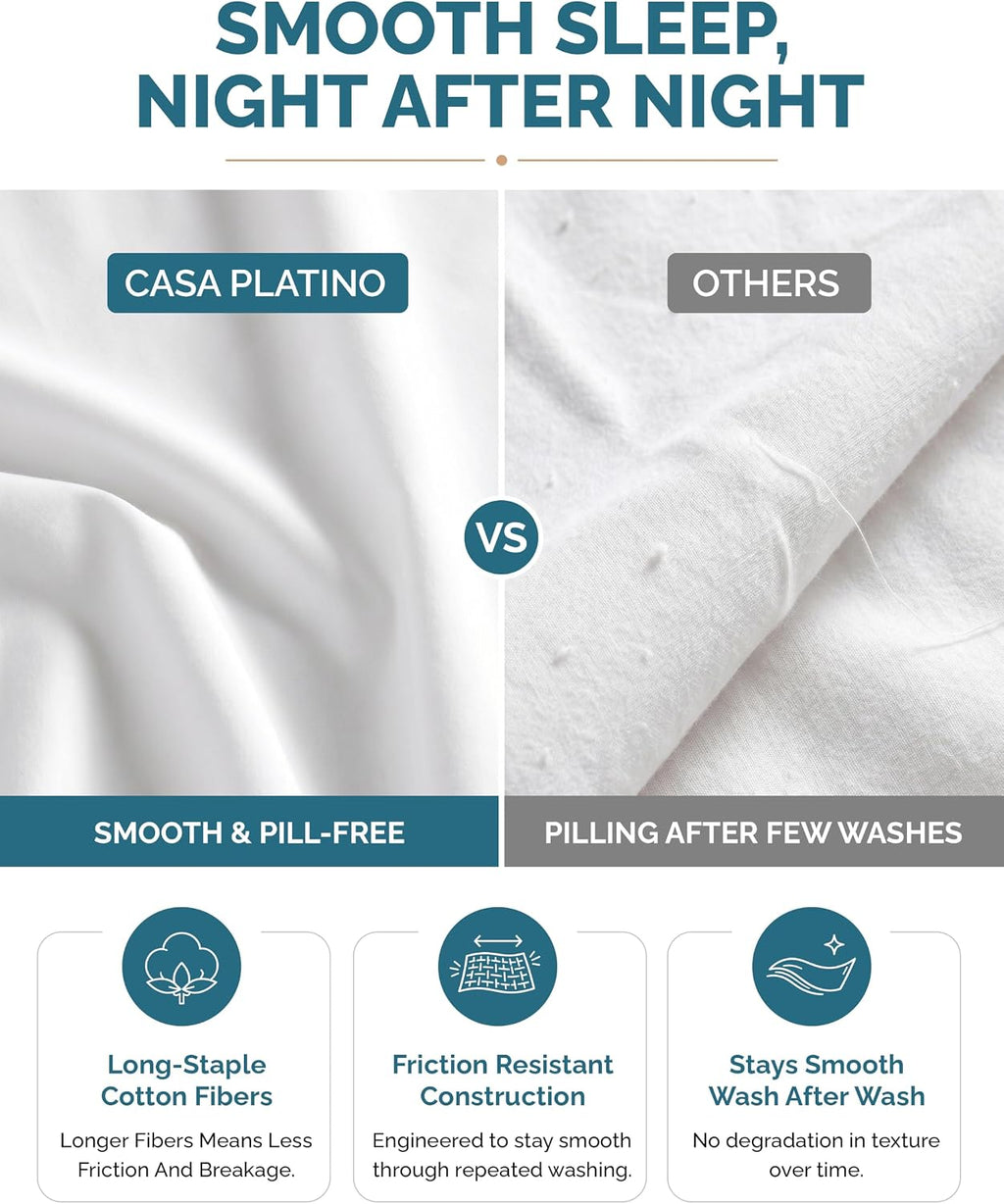 Casa Platino King Size Sheets Set –100% Cotton King Sheets with 4 Pillowcases, Lightweight Feel & Secure Fit, Crisp & Breathable Percale Weave with 15" Deep Pocket, Soft and Cozy – Pure White