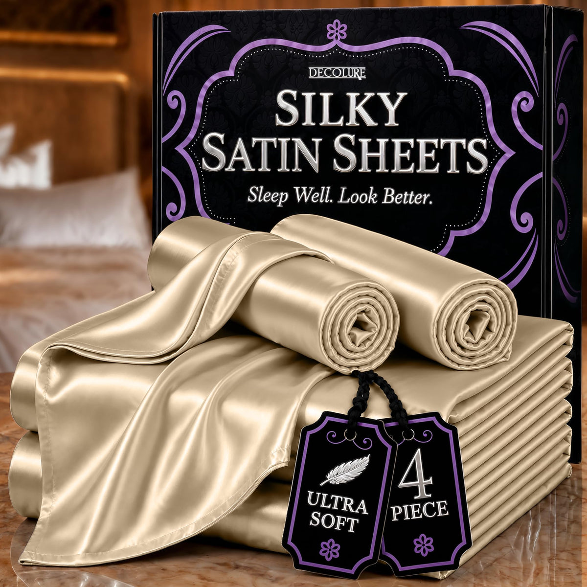 DECOLURE Satin Sheets Queen Size | Softer Than Silk | Luxury 4 Pc Bed Set