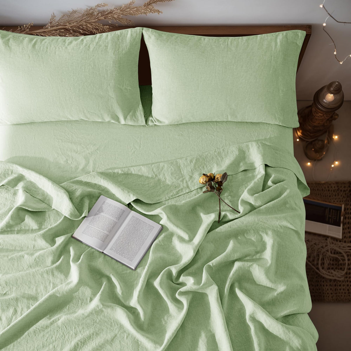LBRO2M 100% French Pure Linen Sheet Set 4Pcs, 16" Deep Pocket Queen Size