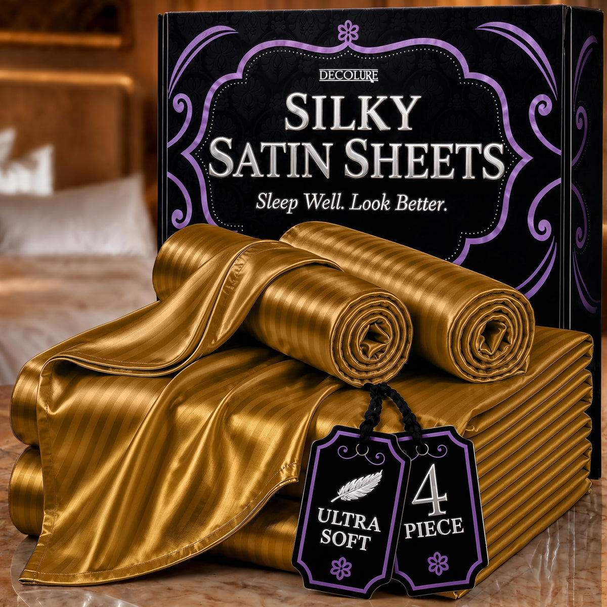 DECOLURE Satin Sheets Queen Size | Softer Than Silk | Luxury 4 Pc Bed Set