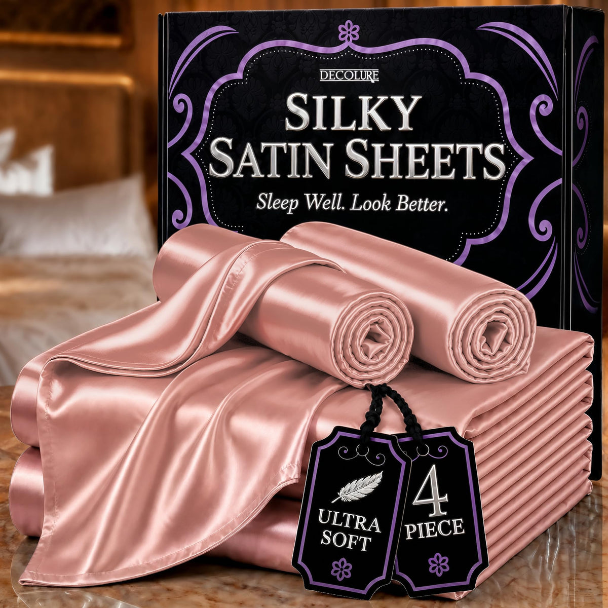 DECOLURE Satin Sheets Queen Size | Softer Than Silk | Luxury 4 Pc Bed Set